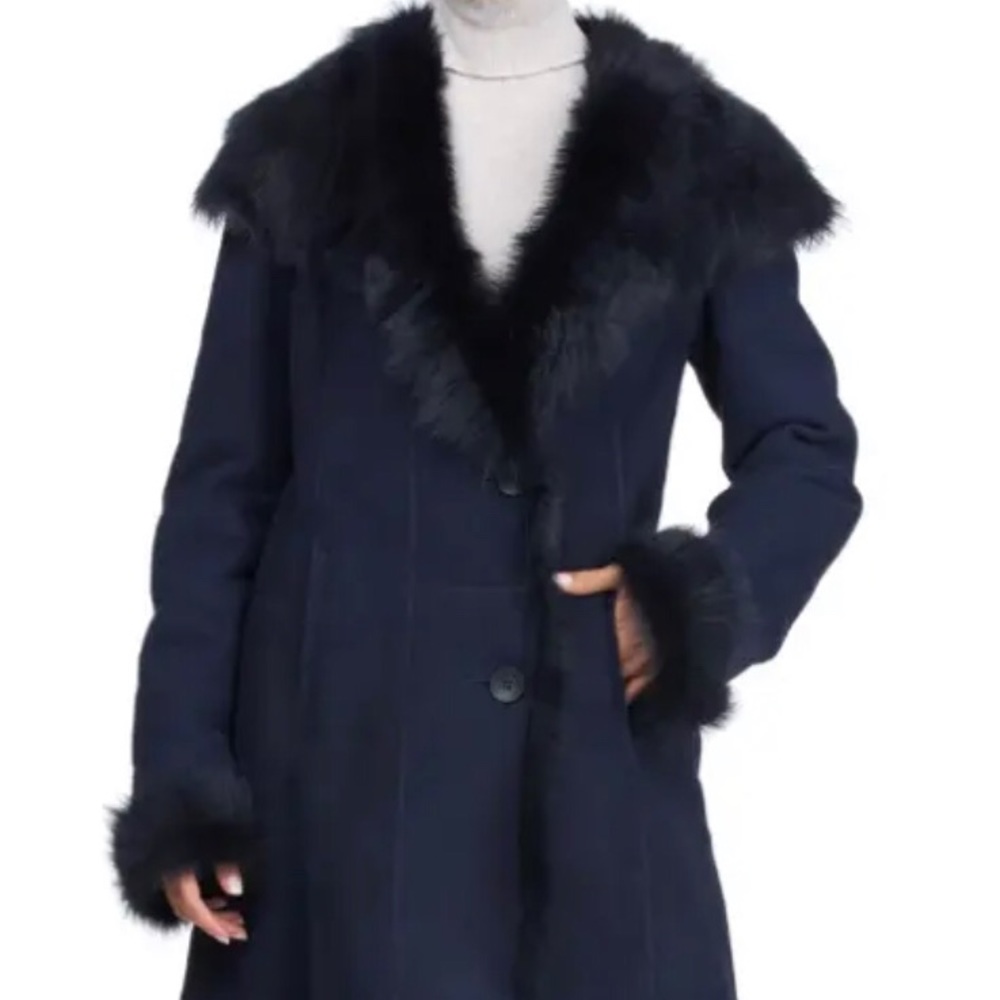 Hiso genuine sheepskin, real fur coat, small, navy